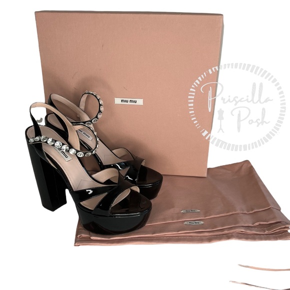 Miu Miu Black patent Leather Embellished Ankle Strap Platform Sandals Block Heel - Picture 14 of 15